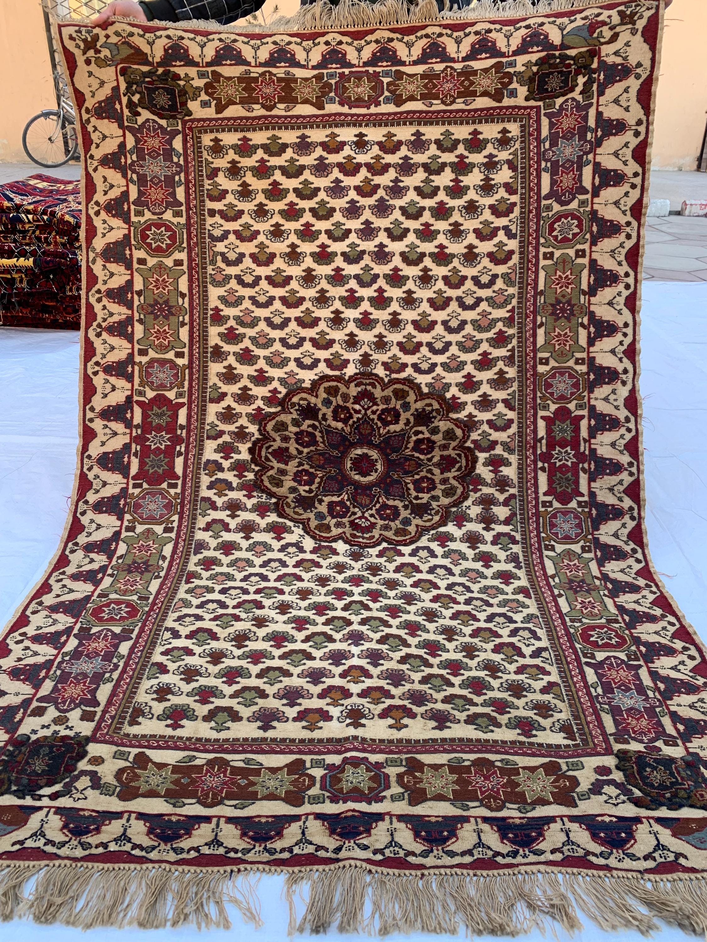 2x6 Rare Herati Rug | Hand-Knotted Wool Afghan Carpet | Vintage Tribal Rug With Floral and Geometric Pattern, Beige Oriental Rug 6.1x4.2 ft