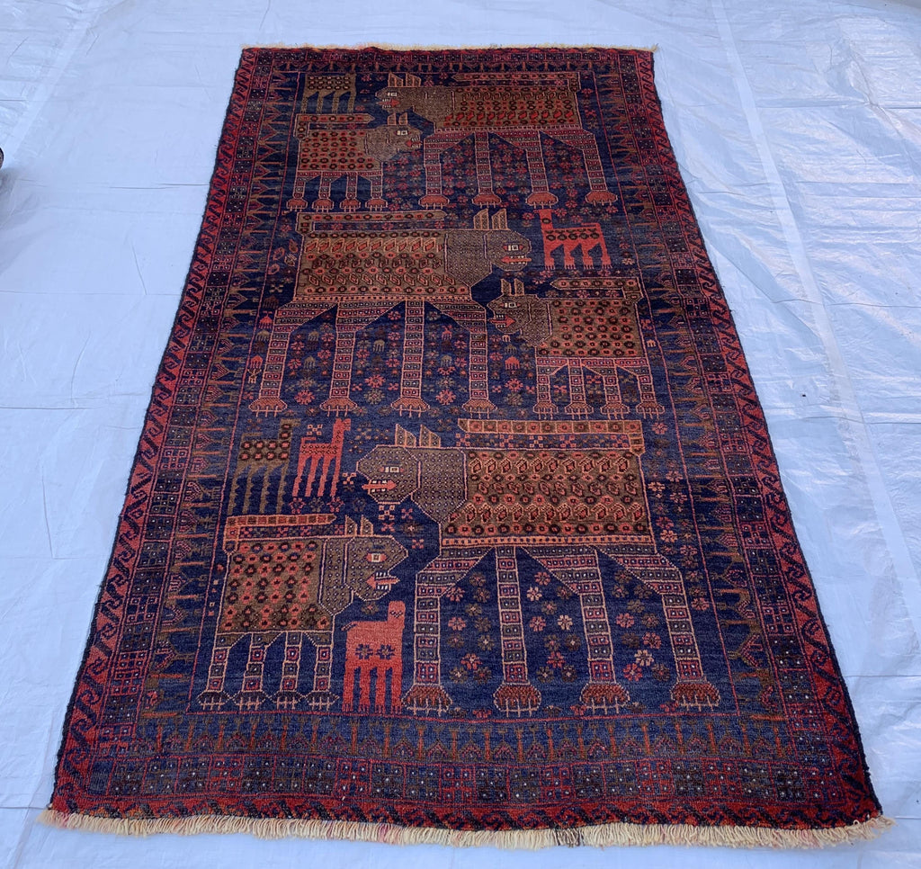 4x7 Vintage Baluchi Rug Hand-Knotted Wool Tribal Carpet | Animal Motif & Geometric Patterns Brown and Blue Afghan Nomadic Rug, 6.11x3.10 ft