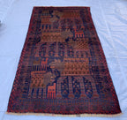 4x7 Vintage Baluchi Rug Hand-Knotted Wool Tribal Carpet | Animal Motif & Geometric Patterns Brown and Blue Afghan Nomadic Rug, 6.11x3.10 ft