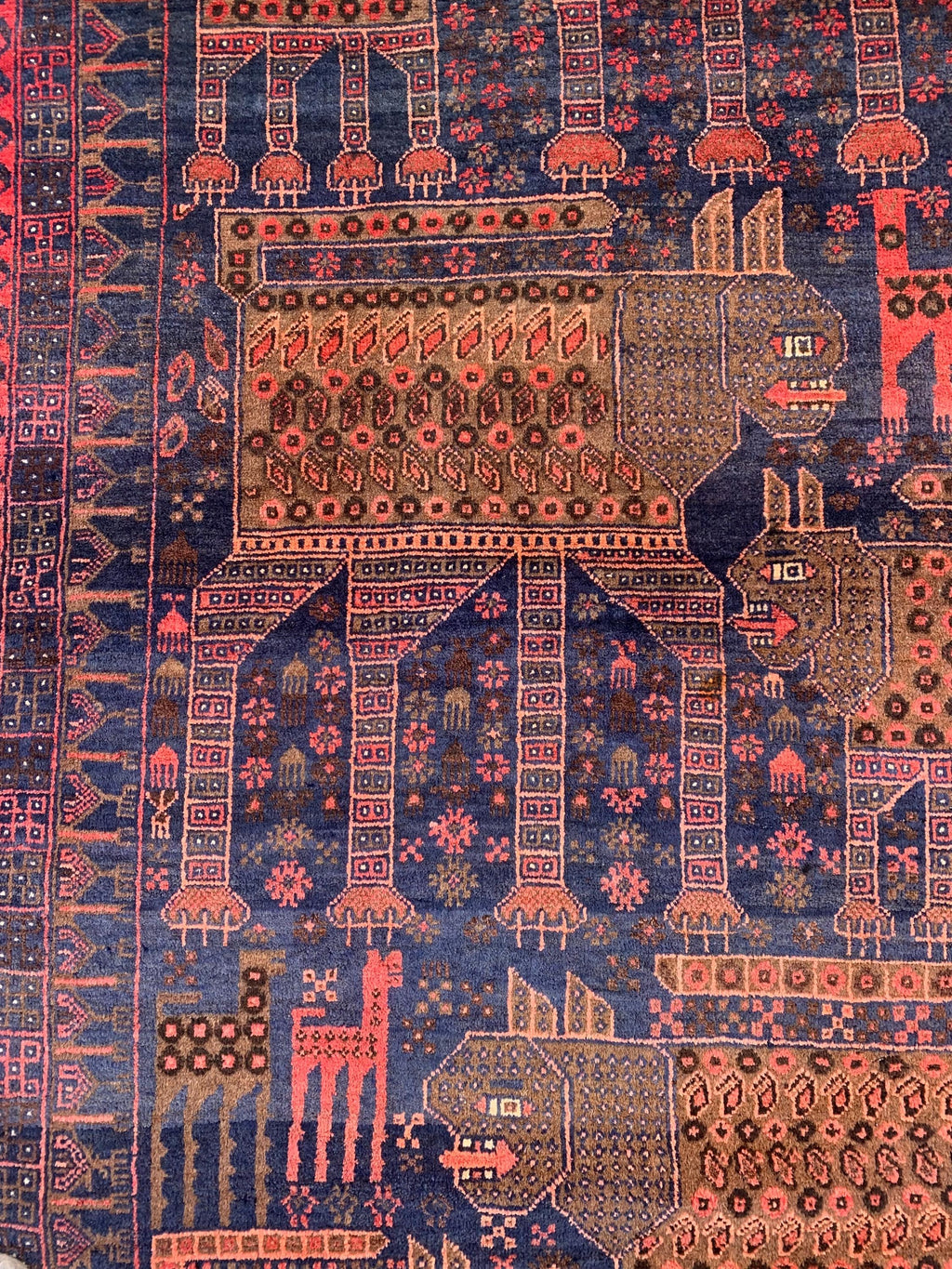 4x7 Vintage Baluchi Rug Hand-Knotted Wool Tribal Carpet | Animal Motif & Geometric Patterns Brown and Blue Afghan Nomadic Rug, 6.11x3.10 ft