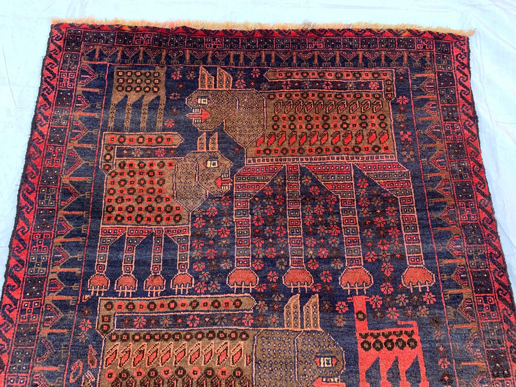4x7 Vintage Baluchi Rug Hand-Knotted Wool Tribal Carpet | Animal Motif & Geometric Patterns Brown and Blue Afghan Nomadic Rug, 6.11x3.10 ft