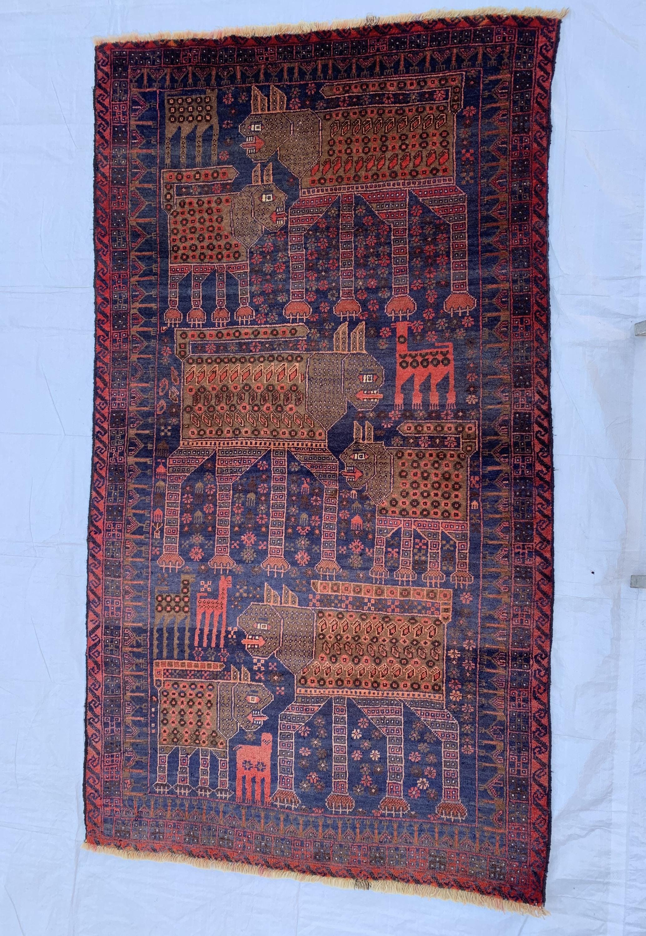 4x7 Vintage Baluchi Rug Hand-Knotted Wool Tribal Carpet | Animal Motif & Geometric Patterns Brown and Blue Afghan Nomadic Rug, 6.11x3.10 ft