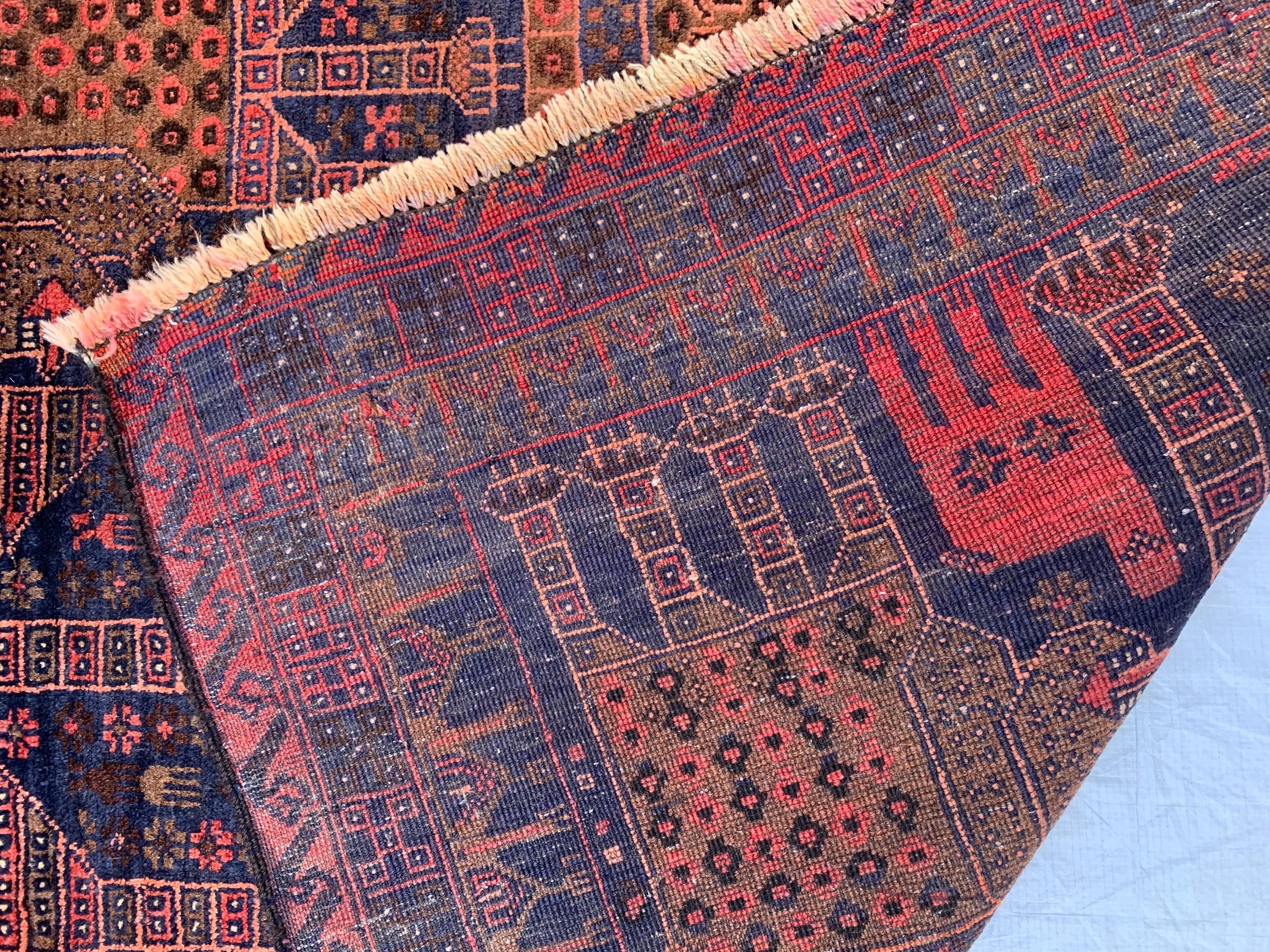 4x7 Vintage Baluchi Rug Hand-Knotted Wool Tribal Carpet | Animal Motif & Geometric Patterns Brown and Blue Afghan Nomadic Rug, 6.11x3.10 ft