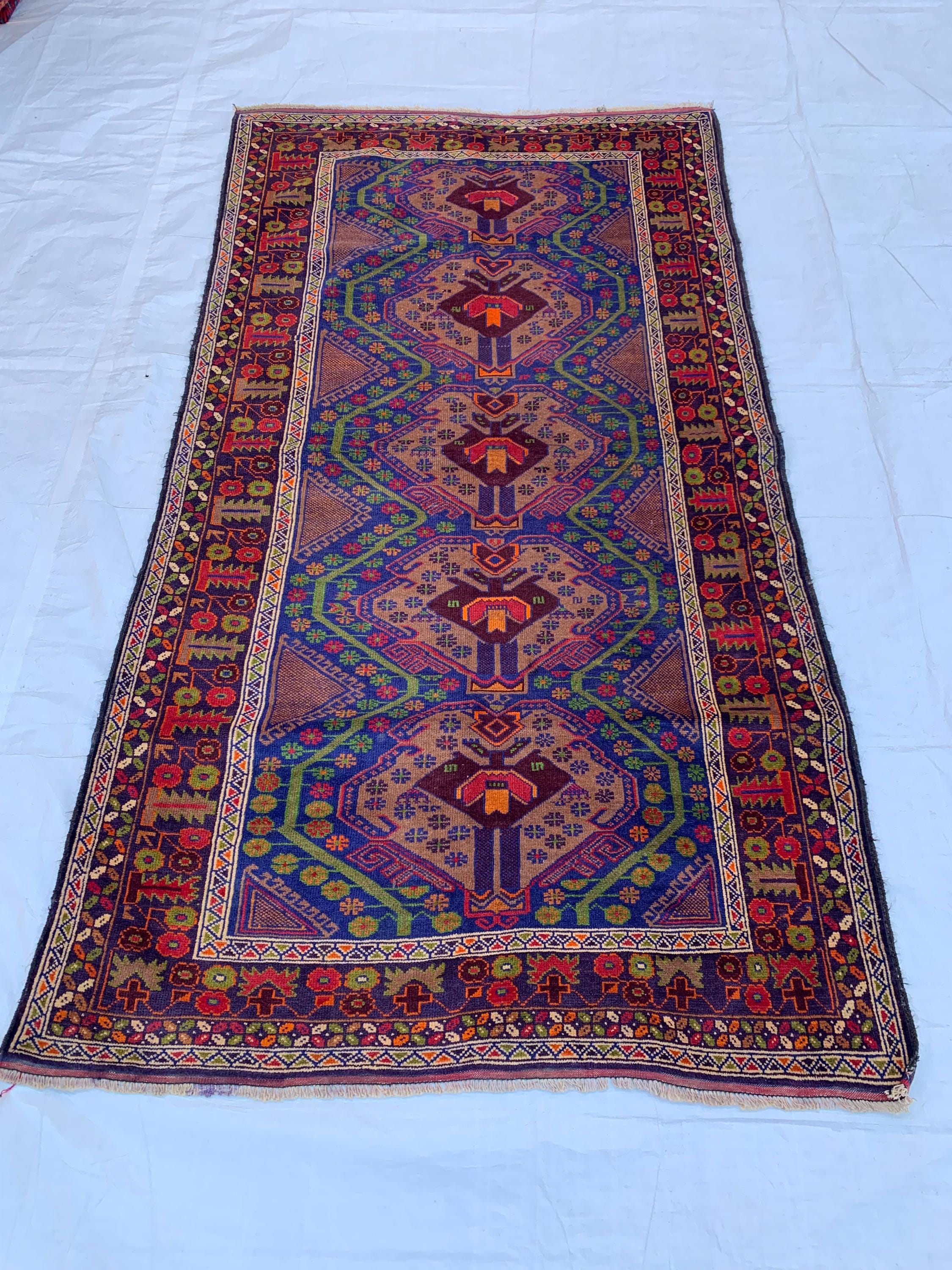 Vintage Ali Khaja Rug 6.4x3.5 ft | Hand-Knotted Wool Afghan Tribal Carpet | Red & Navy Blue Geometric Pattern | Nomadic Baluchi Motifs Rug