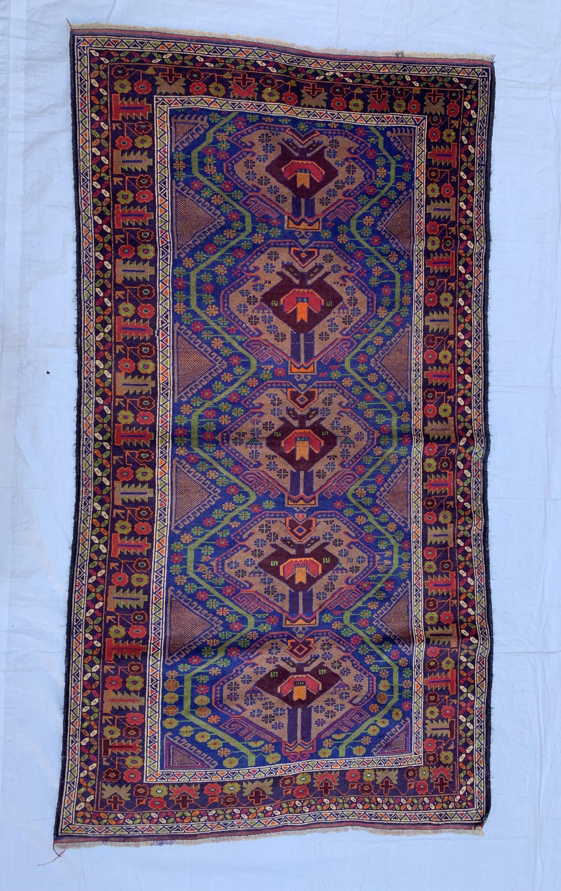 Vintage Ali Khaja Rug 6.4x3.5 ft | Hand-Knotted Wool Afghan Tribal Carpet | Red & Navy Blue Geometric Pattern | Nomadic Baluchi Motifs Rug