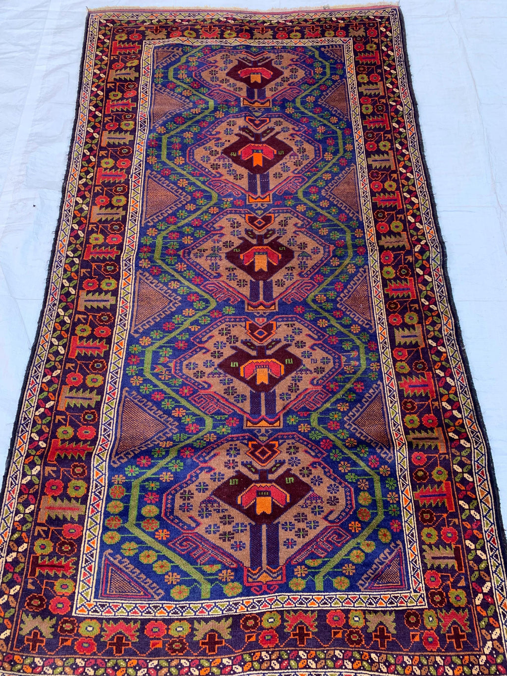 Vintage Ali Khaja Rug 6.4x3.5 ft | Hand-Knotted Wool Afghan Tribal Carpet | Red & Navy Blue Geometric Pattern | Nomadic Baluchi Motifs Rug