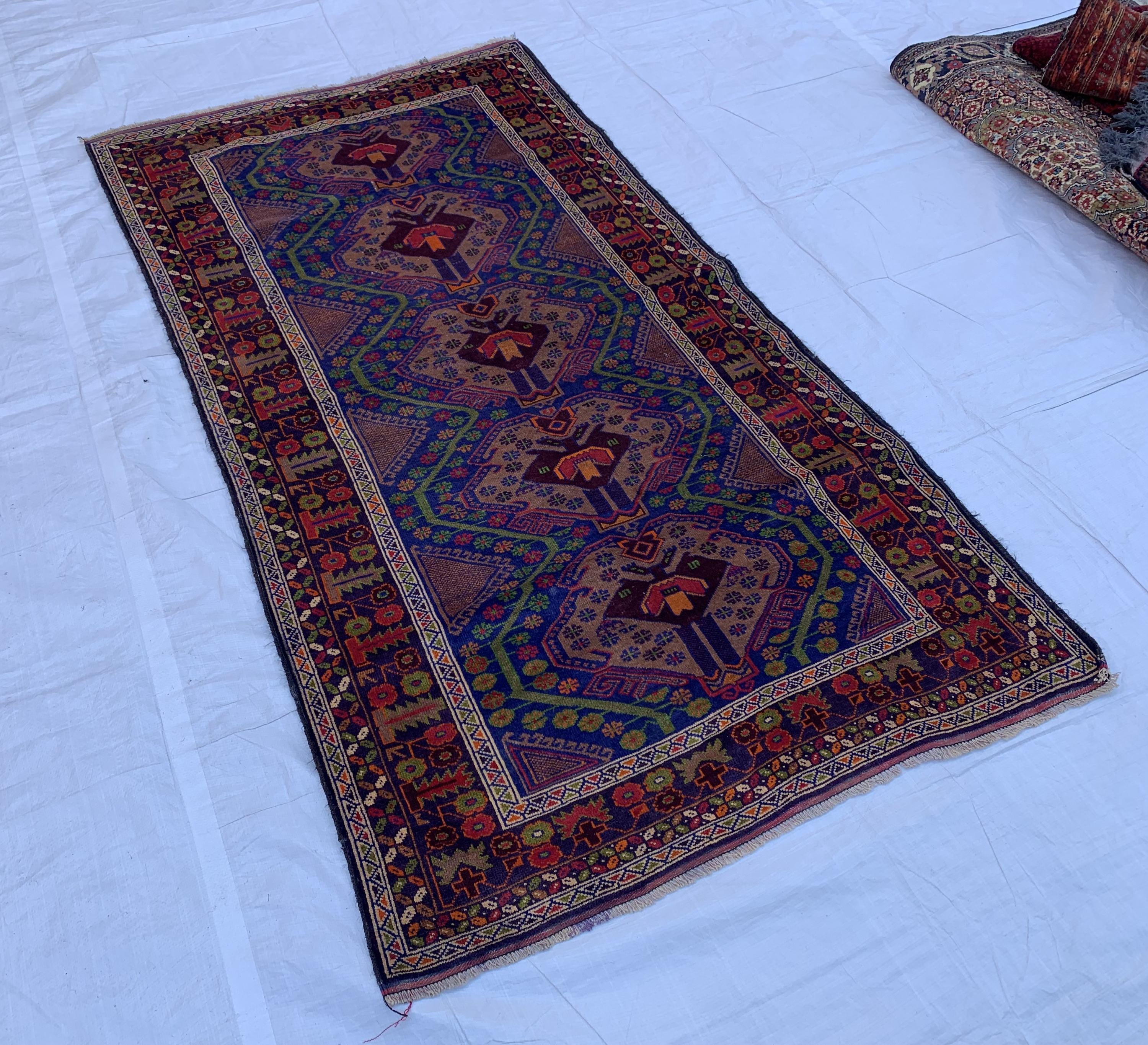 Vintage Ali Khaja Rug 6.4x3.5 ft | Hand-Knotted Wool Afghan Tribal Carpet | Red & Navy Blue Geometric Pattern | Nomadic Baluchi Motifs Rug