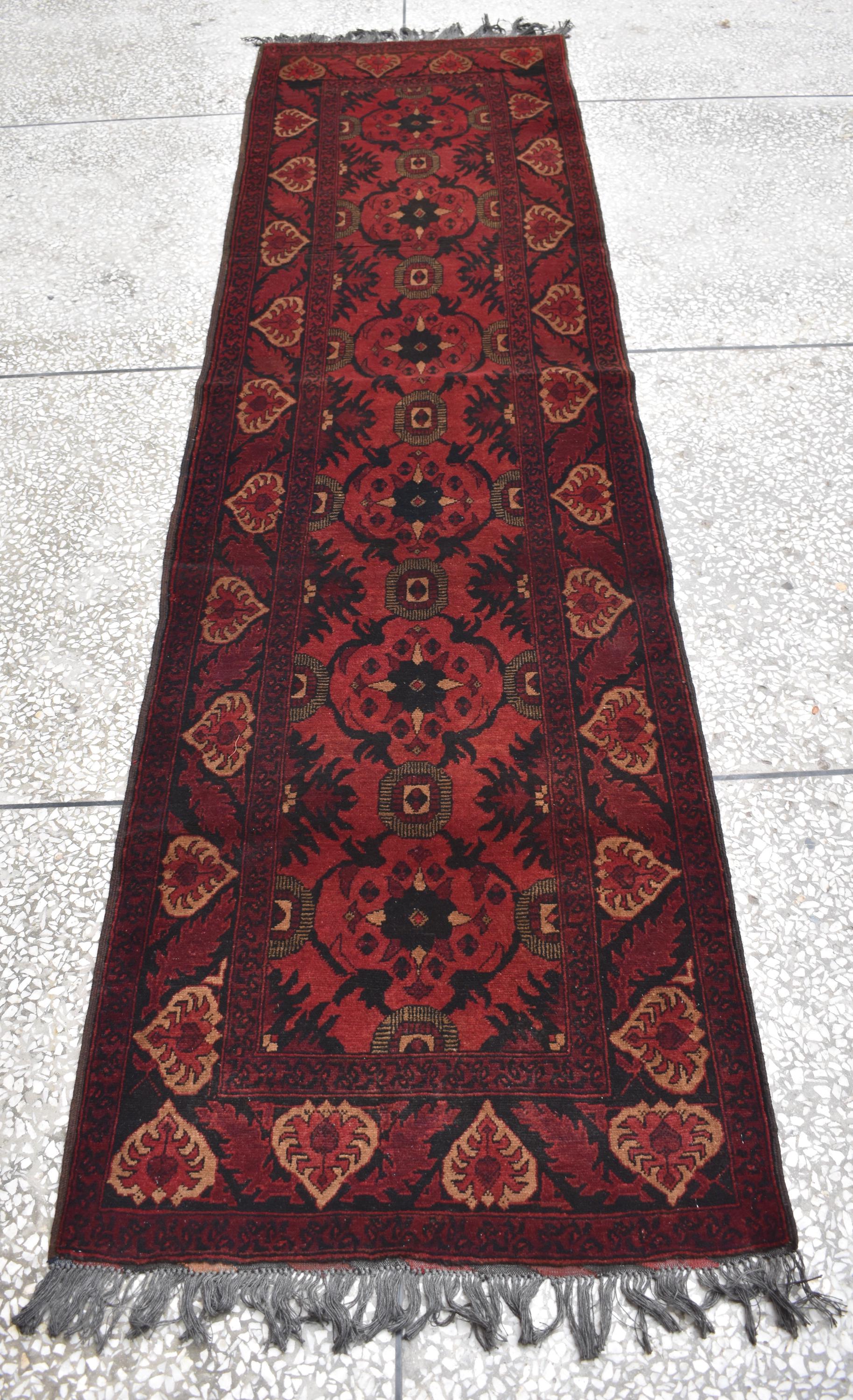 Antique Hand-Knotted Tribal Runner Rug – 9.8x2.9 ft, Vintage Afghan Wool Carpet with Bold Red Medallion Design, Rare Collectible Item