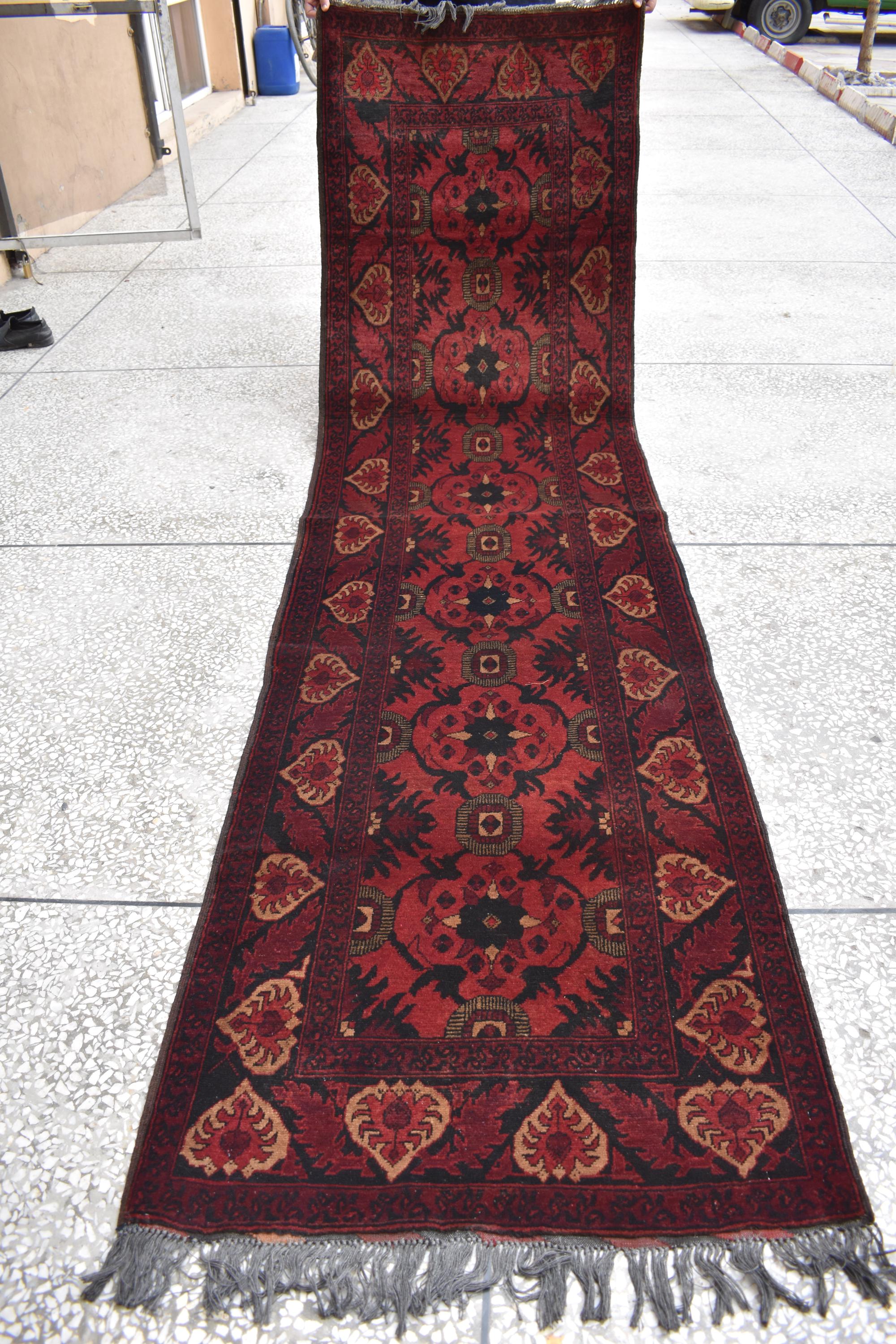 Antique Hand-Knotted Tribal Runner Rug – 9.8x2.9 ft, Vintage Afghan Wool Carpet with Bold Red Medallion Design, Rare Collectible Item