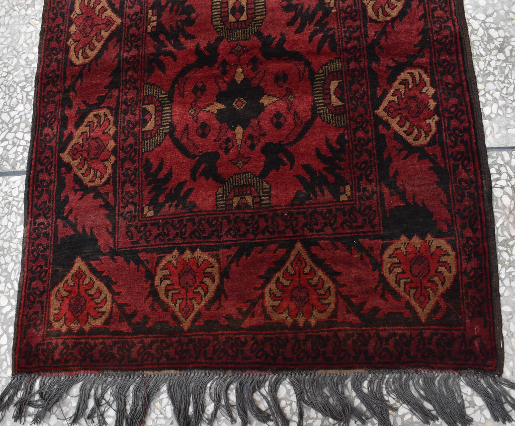 Antique Hand-Knotted Tribal Runner Rug – 9.8x2.9 ft, Vintage Afghan Wool Carpet with Bold Red Medallion Design, Rare Collectible Item