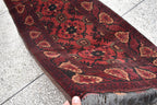 Antique Hand-Knotted Tribal Runner Rug – 9.8x2.9 ft, Vintage Afghan Wool Carpet with Bold Red Medallion Design, Rare Collectible Item