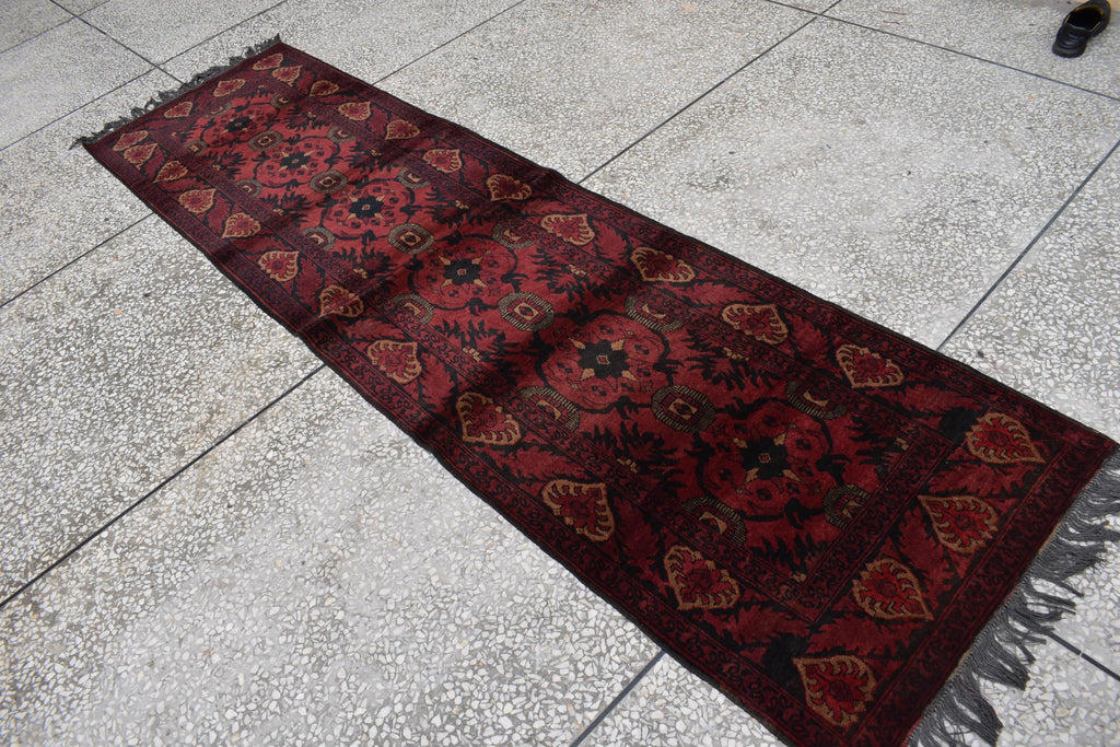 Antique Hand-Knotted Tribal Runner Rug – 9.8x2.9 ft, Vintage Afghan Wool Carpet with Bold Red Medallion Design, Rare Collectible Item