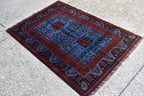 Navy Blue and Red Bukhara Afghan Handwoven Rug,Turkmen Wool Carpet 3x5Ft, Rugs For Living Room, Bedroom Rug, Dining Room Rug, Natural dyes,