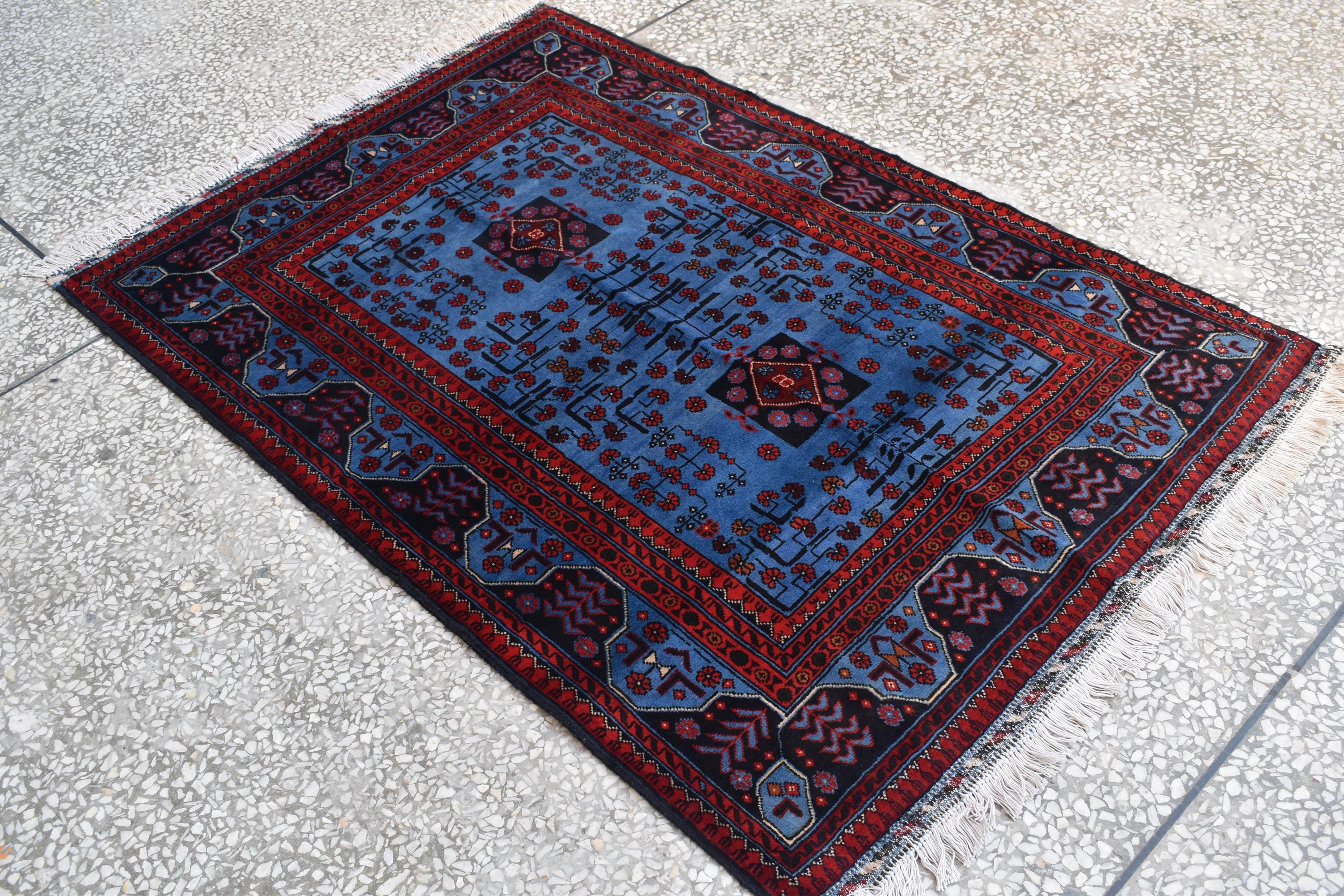 Navy Blue and Red Bukhara Afghan Handwoven Rug,Turkmen Wool Carpet 3x5Ft, Rugs For Living Room, Bedroom Rug, Dining Room Rug, Natural dyes,