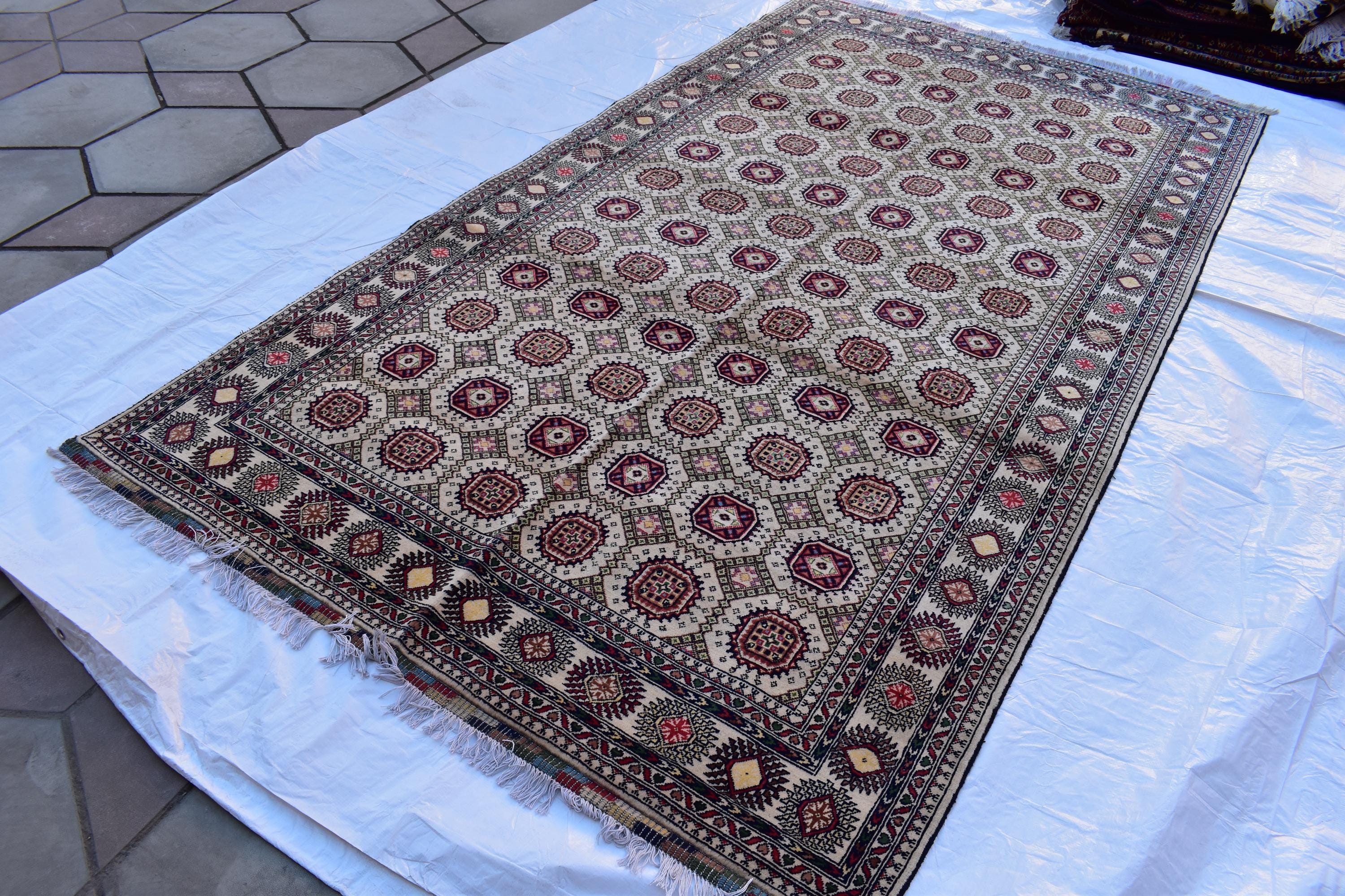 10x7 Handwoven Afghan Wool Tribal Sabiqa Design Rug, Rugs For Living Room-Beige Color-Bohemian Decor-perfect for Bedroom-10.1x5.6 ft
