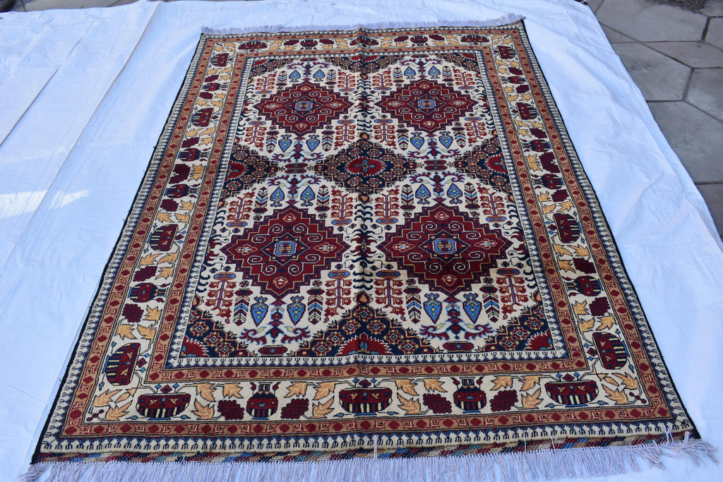 Handmade Maranus Beljik Rug – 6.5x4.9 ft – Afghan Wool Tribal Geometric Design – Red & Beige – Bohemian Living Room Decor – Eco-Friendly