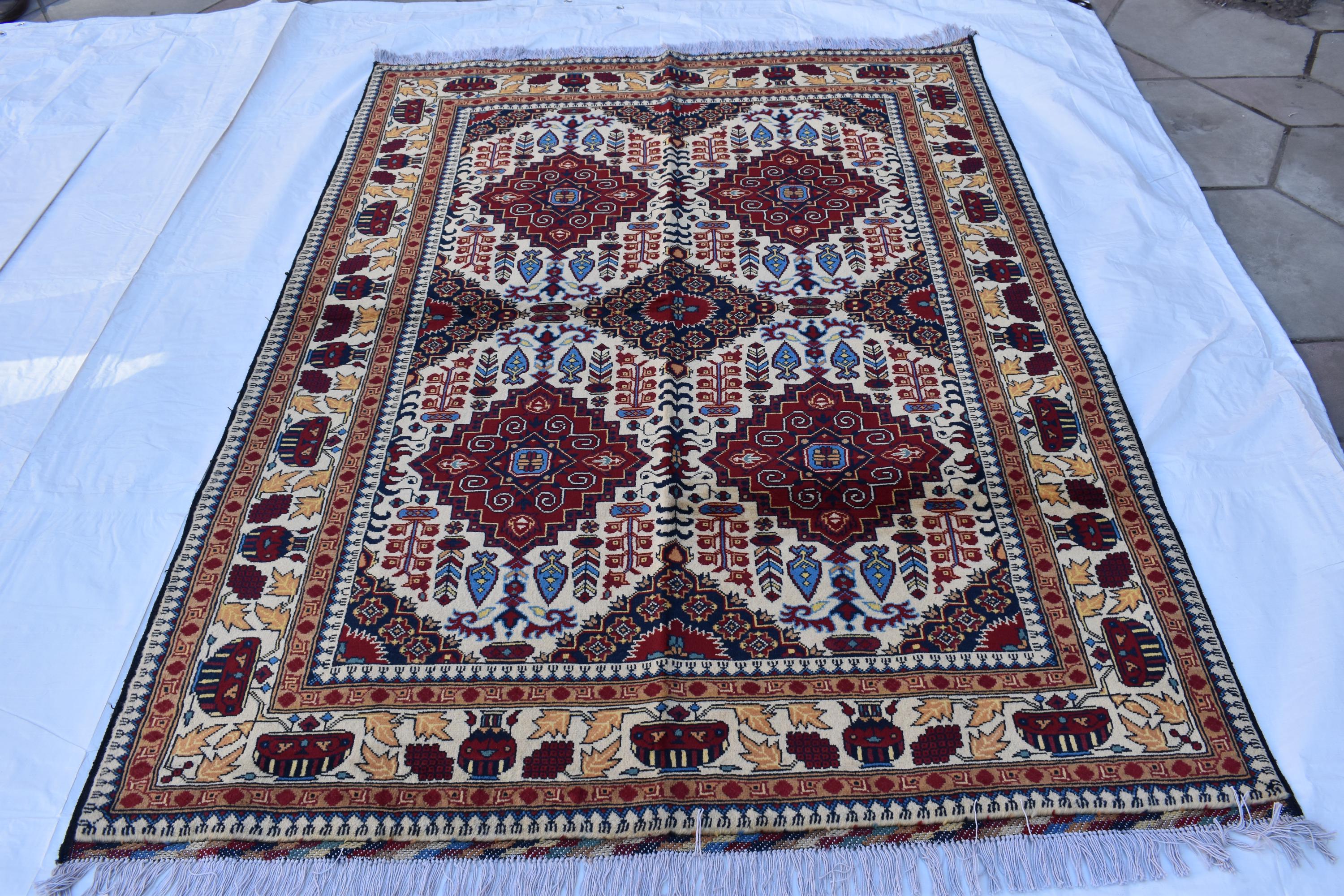 Handmade Maranus Beljik Rug – 6.5x4.9 ft – Afghan Wool Tribal Geometric Design – Red & Beige – Bohemian Living Room Decor – Eco-Friendly