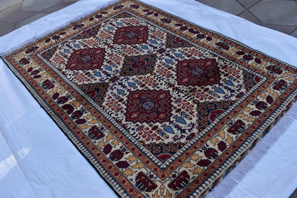 Handmade Maranus Beljik Rug – 6.5x4.9 ft – Afghan Wool Tribal Geometric Design – Red & Beige – Bohemian Living Room Decor – Eco-Friendly