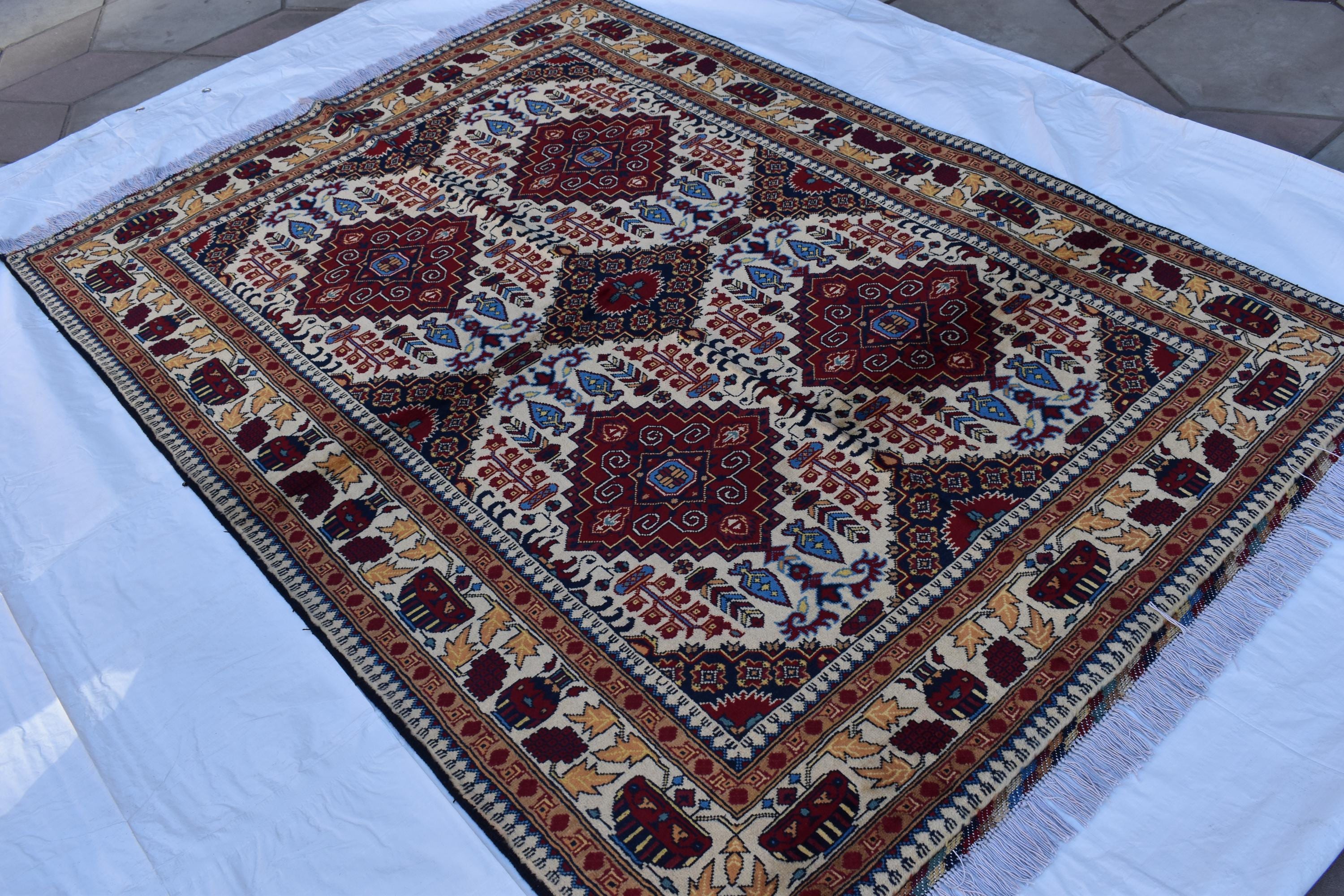 Handmade Maranus Beljik Rug – 6.5x4.9 ft – Afghan Wool Tribal Geometric Design – Red & Beige – Bohemian Living Room Decor – Eco-Friendly