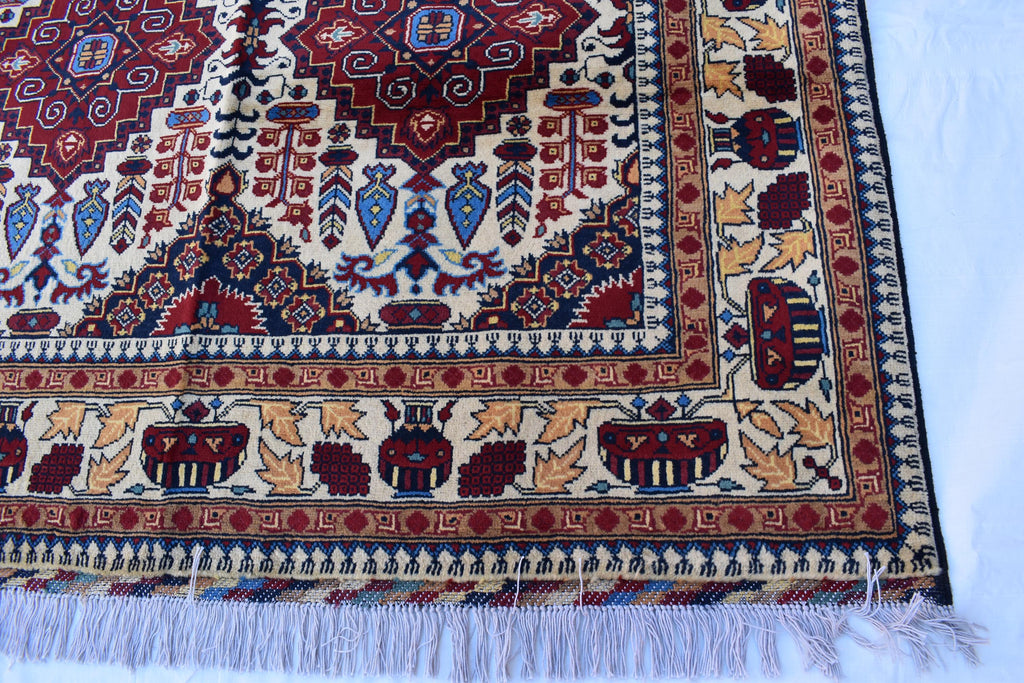 Handmade Maranus Beljik Rug – 6.5x4.9 ft – Afghan Wool Tribal Geometric Design – Red & Beige – Bohemian Living Room Decor – Eco-Friendly