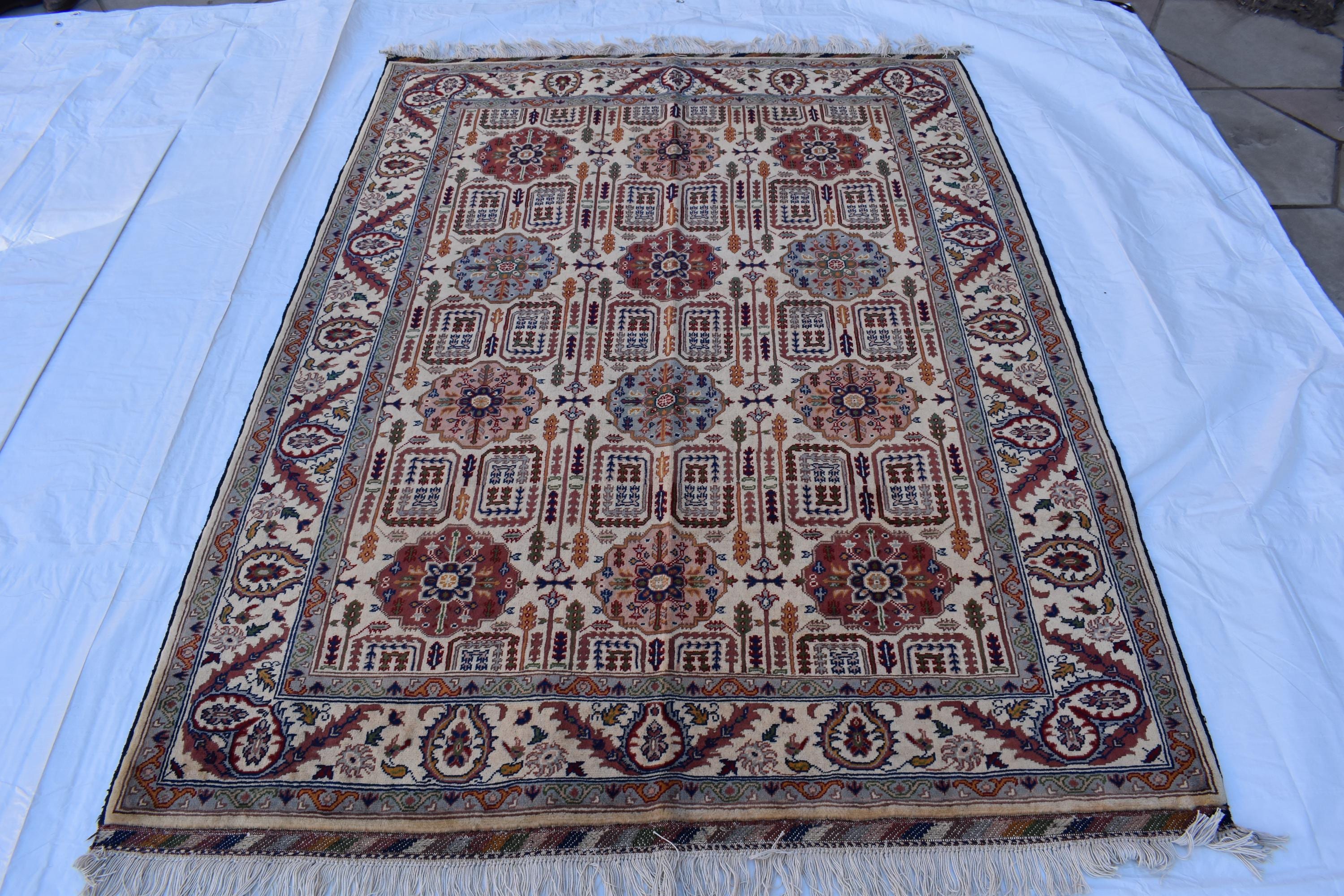 Handmade Gandumi Rug – 6.5x4.9 ft – Afghan Wool Tribal Geometric Design – Multicolored – Bohemian Living Room Decor – Eco-Friendly