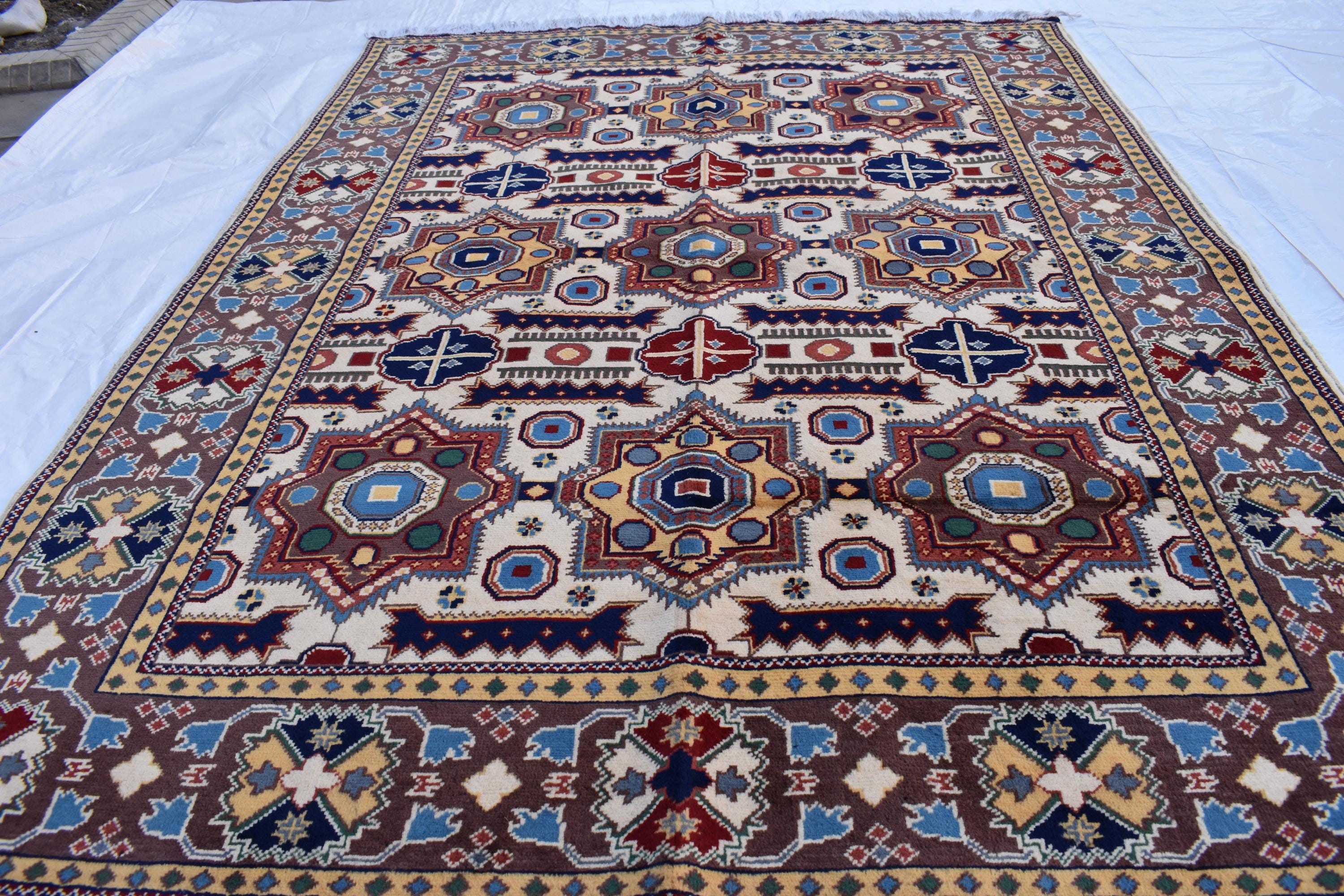 6x5 Handmade Kazak Rug – Afghan Wool Tribal Geometric Design – Multicolored Rug – Bohemian Living Room Decor – Eco-Friendly-6.5x4.9 ft
