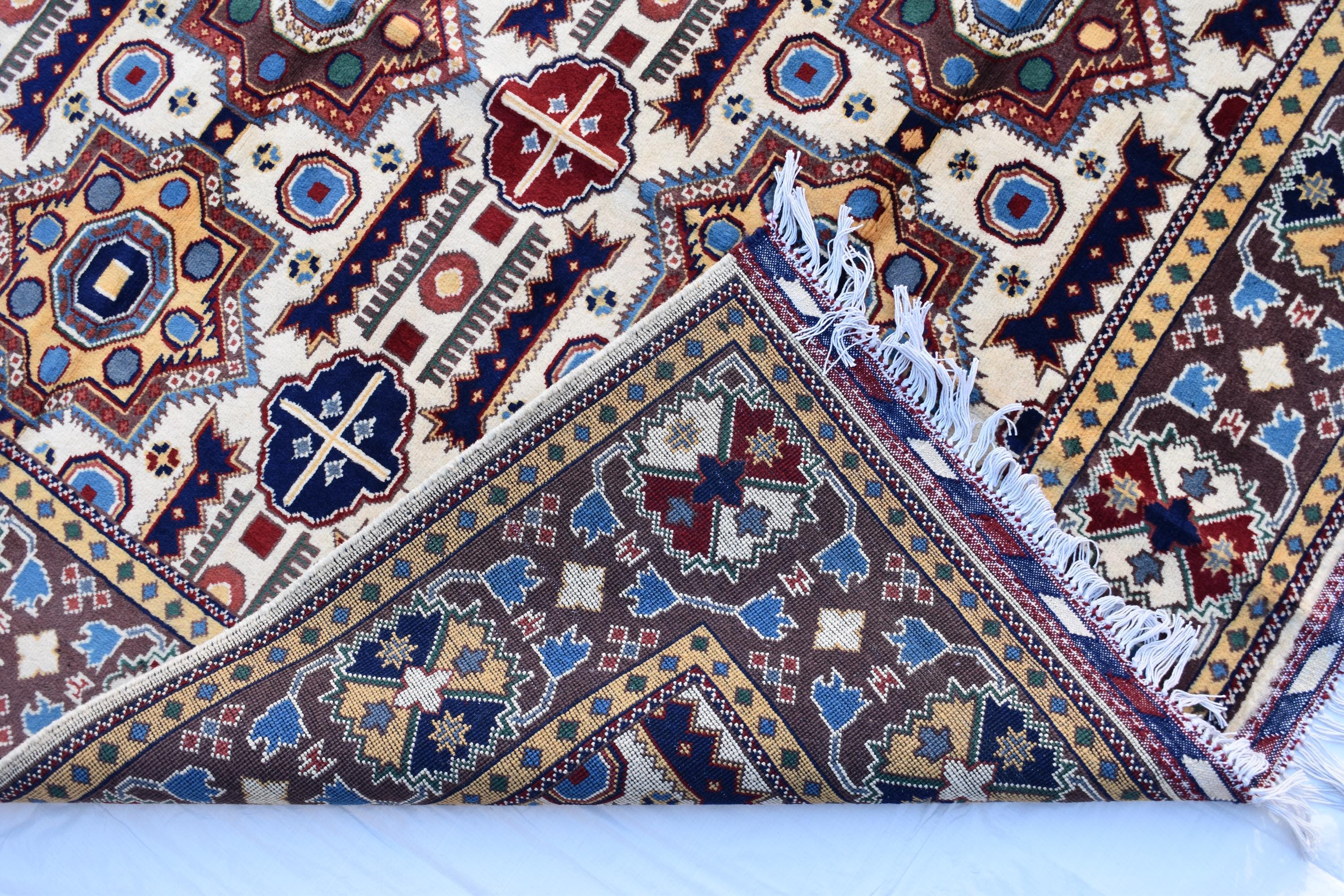6x5 Handmade Kazak Rug – Afghan Wool Tribal Geometric Design – Multicolored Rug – Bohemian Living Room Decor – Eco-Friendly-6.5x4.9 ft