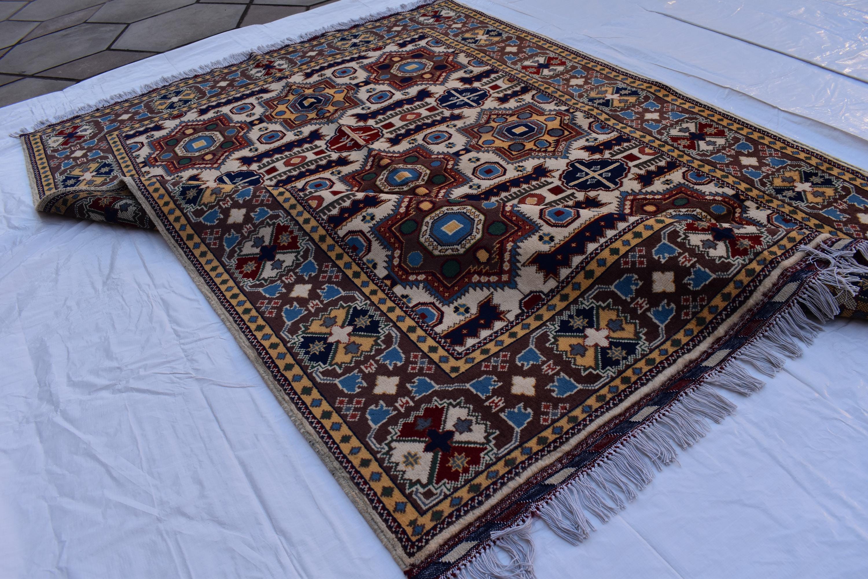 6x5 Handmade Kazak Rug – Afghan Wool Tribal Geometric Design – Multicolored Rug – Bohemian Living Room Decor – Eco-Friendly-6.5x4.9 ft