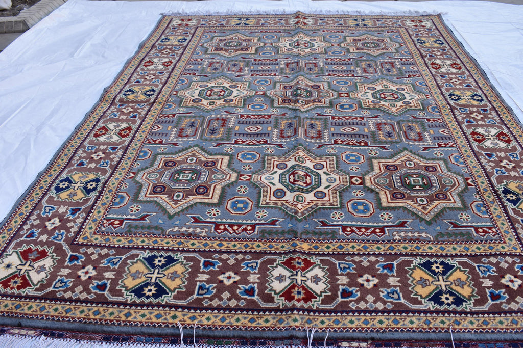 Handmade Kazak Rug – 6.5x4.9 ft – Afghan Wool Tribal Geometric Design – Silver Color– Bohemian Living Room Decor – Eco-Friendly