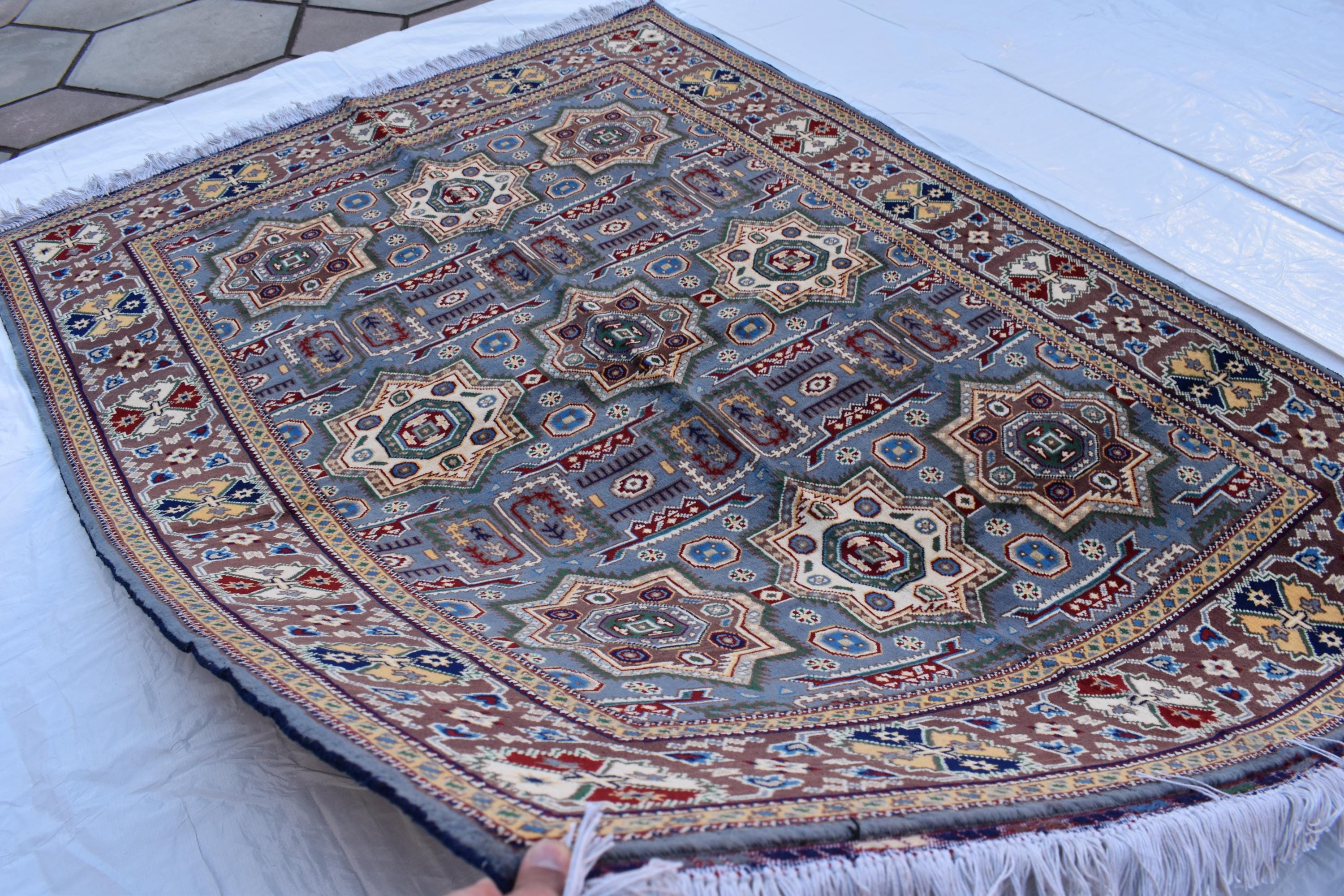 Handmade Kazak Rug – 6.5x4.9 ft – Afghan Wool Tribal Geometric Design – Silver Color– Bohemian Living Room Decor – Eco-Friendly