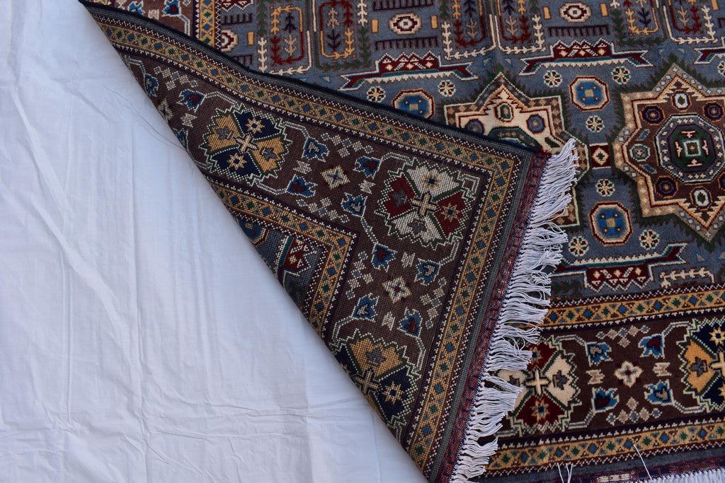 Handmade Kazak Rug – 6.5x4.9 ft – Afghan Wool Tribal Geometric Design – Silver Color– Bohemian Living Room Decor – Eco-Friendly