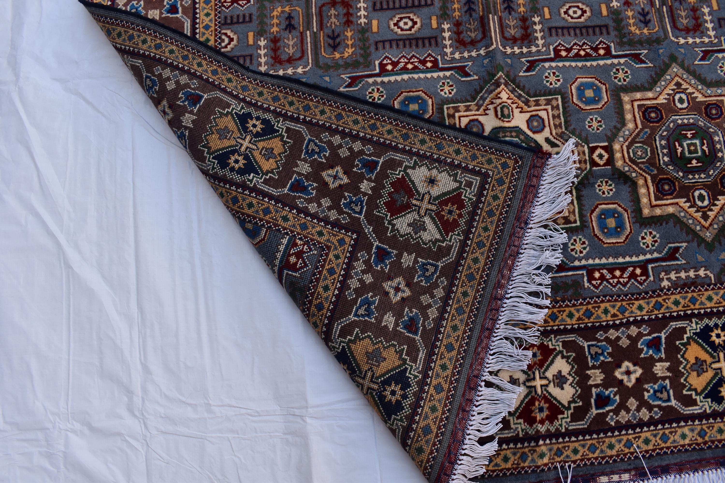 Handmade Kazak Rug – 6.5x4.9 ft – Afghan Wool Tribal Geometric Design – Silver Color– Bohemian Living Room Decor – Eco-Friendly