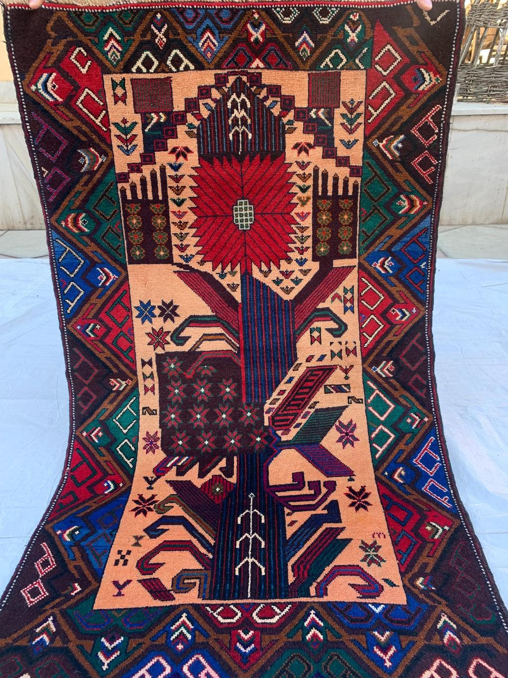 3x4 Vintage Baluchi War Rug Handmade Afghan Tribal Carpet with Rich Red, Deep Blue & Earthy Tones – Perfect for Bohemian Office, 2.7x4.4 ft