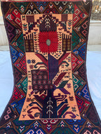 3x4 Vintage Baluchi War Rug Handmade Afghan Tribal Carpet with Rich Red, Deep Blue & Earthy Tones – Perfect for Bohemian Office, 2.7x4.4 ft
