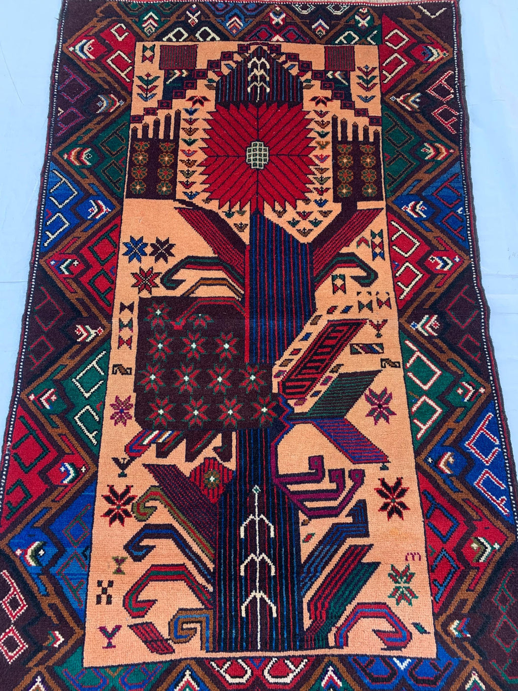 3x4 Vintage Baluchi War Rug Handmade Afghan Tribal Carpet with Rich Red, Deep Blue & Earthy Tones – Perfect for Bohemian Office, 2.7x4.4 ft