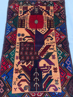 3x4 Vintage Baluchi War Rug Handmade Afghan Tribal Carpet with Rich Red, Deep Blue & Earthy Tones – Perfect for Bohemian Office, 2.7x4.4 ft