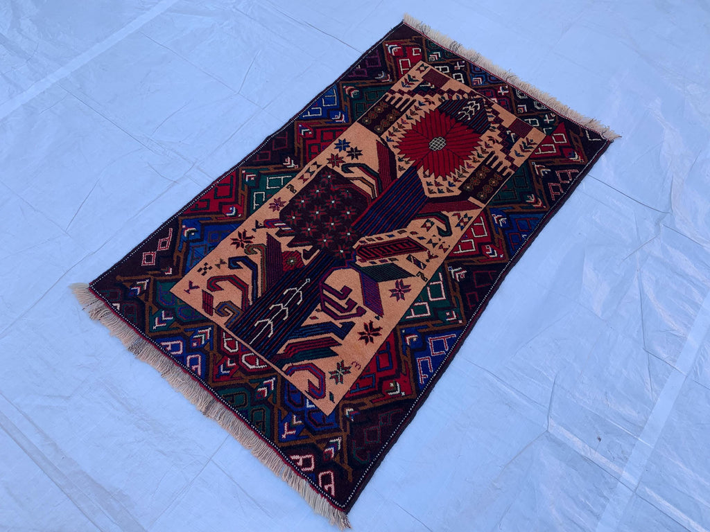 3x4 Vintage Baluchi War Rug Handmade Afghan Tribal Carpet with Rich Red, Deep Blue & Earthy Tones – Perfect for Bohemian Office, 2.7x4.4 ft