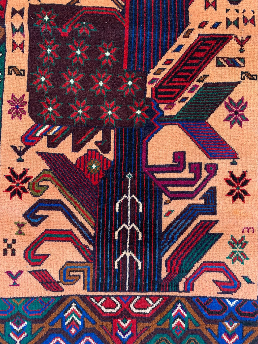 3x4 Vintage Baluchi War Rug Handmade Afghan Tribal Carpet with Rich Red, Deep Blue & Earthy Tones – Perfect for Bohemian Office, 2.7x4.4 ft