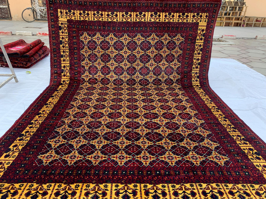 8x12ft Large Yousafi Tribal Rug – Handwoven Afghan Wool Carpet with Geometric Patterns & Rich Red, Golden Perfect for Living Room, 349x240
