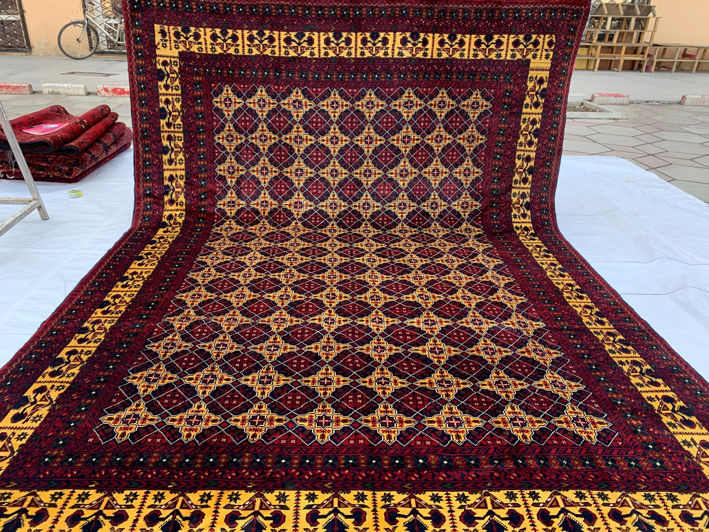8x12ft Large Yousafi Tribal Rug – Handwoven Afghan Wool Carpet with Geometric Patterns & Rich Red, Golden Perfect for Living Room, 349x240