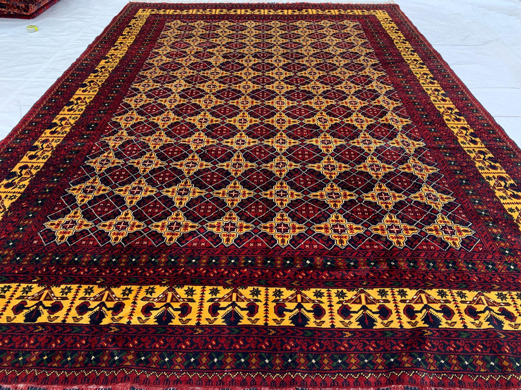 8x12ft Large Yousafi Tribal Rug – Handwoven Afghan Wool Carpet with Geometric Patterns & Rich Red, Golden Perfect for Living Room, 349x240