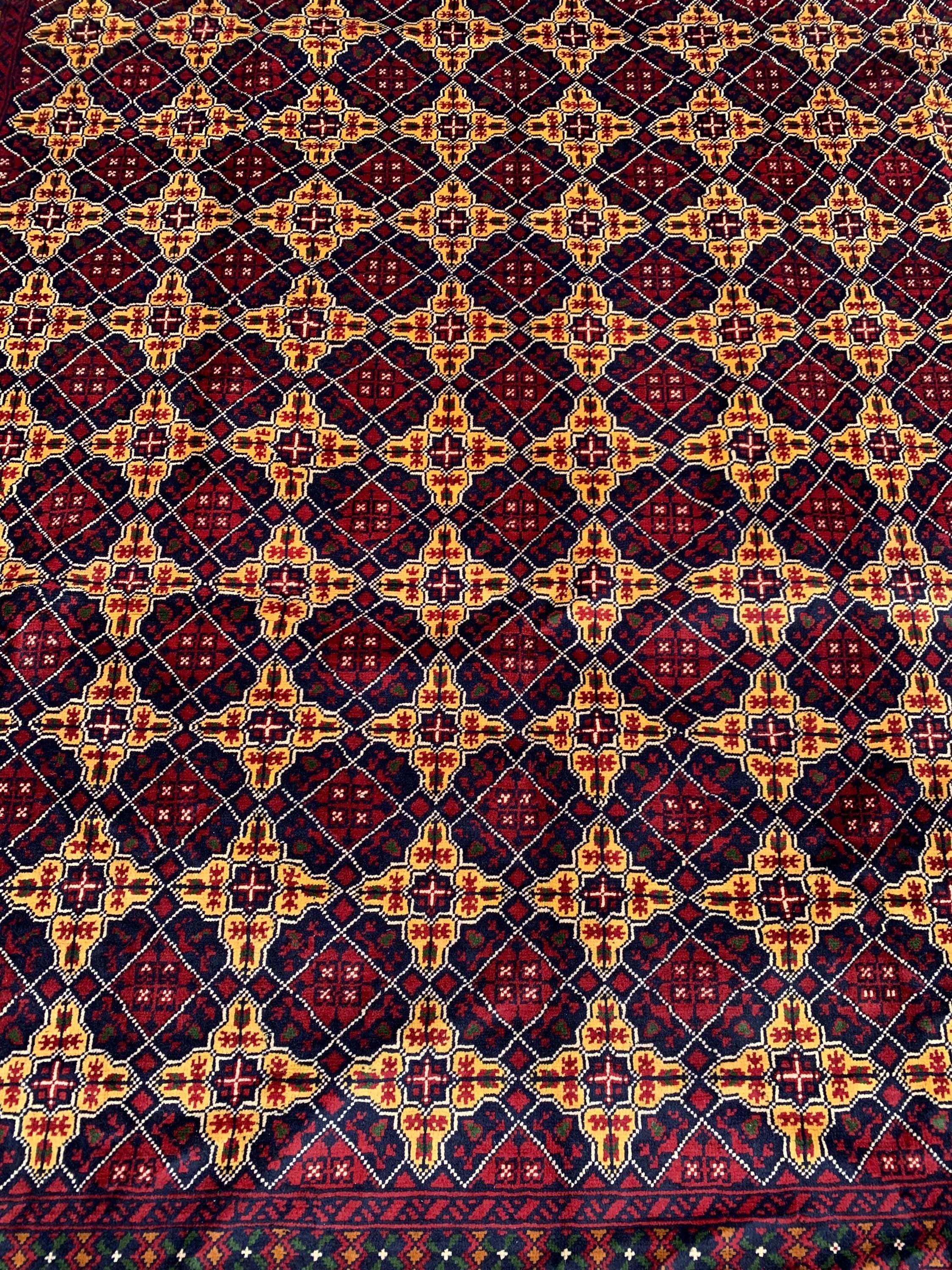 8x12ft Large Yousafi Tribal Rug – Handwoven Afghan Wool Carpet with Geometric Patterns & Rich Red, Golden Perfect for Living Room, 349x240