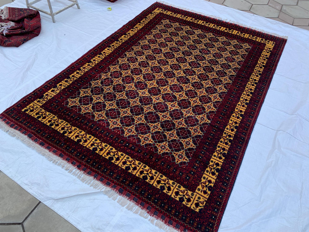 8x12ft Large Yousafi Tribal Rug – Handwoven Afghan Wool Carpet with Geometric Patterns & Rich Red, Golden Perfect for Living Room, 349x240