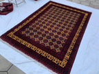 8x12ft Large Yousafi Tribal Rug – Handwoven Afghan Wool Carpet with Geometric Patterns & Rich Red, Golden Perfect for Living Room, 349x240