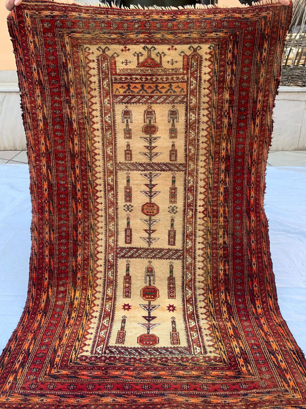 3x4 Vintage Afghan War Rug–Handmade Wool Tribal Carpet with Intricate Symbolic Patterns in Beige and Deep Red, Collectible Rug for Auction