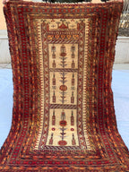 3x4 Vintage Afghan War Rug–Handmade Wool Tribal Carpet with Intricate Symbolic Patterns in Beige and Deep Red, Collectible Rug for Auction