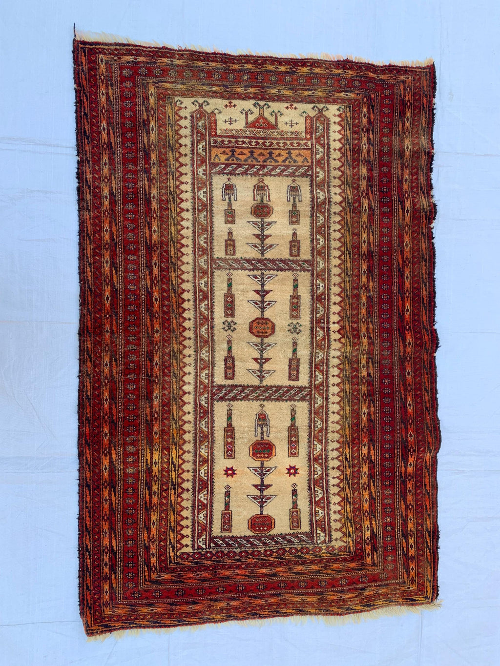 3x4 Vintage Afghan War Rug–Handmade Wool Tribal Carpet with Intricate Symbolic Patterns in Beige and Deep Red, Collectible Rug for Auction