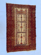 3x4 Vintage Afghan War Rug–Handmade Wool Tribal Carpet with Intricate Symbolic Patterns in Beige and Deep Red, Collectible Rug for Auction