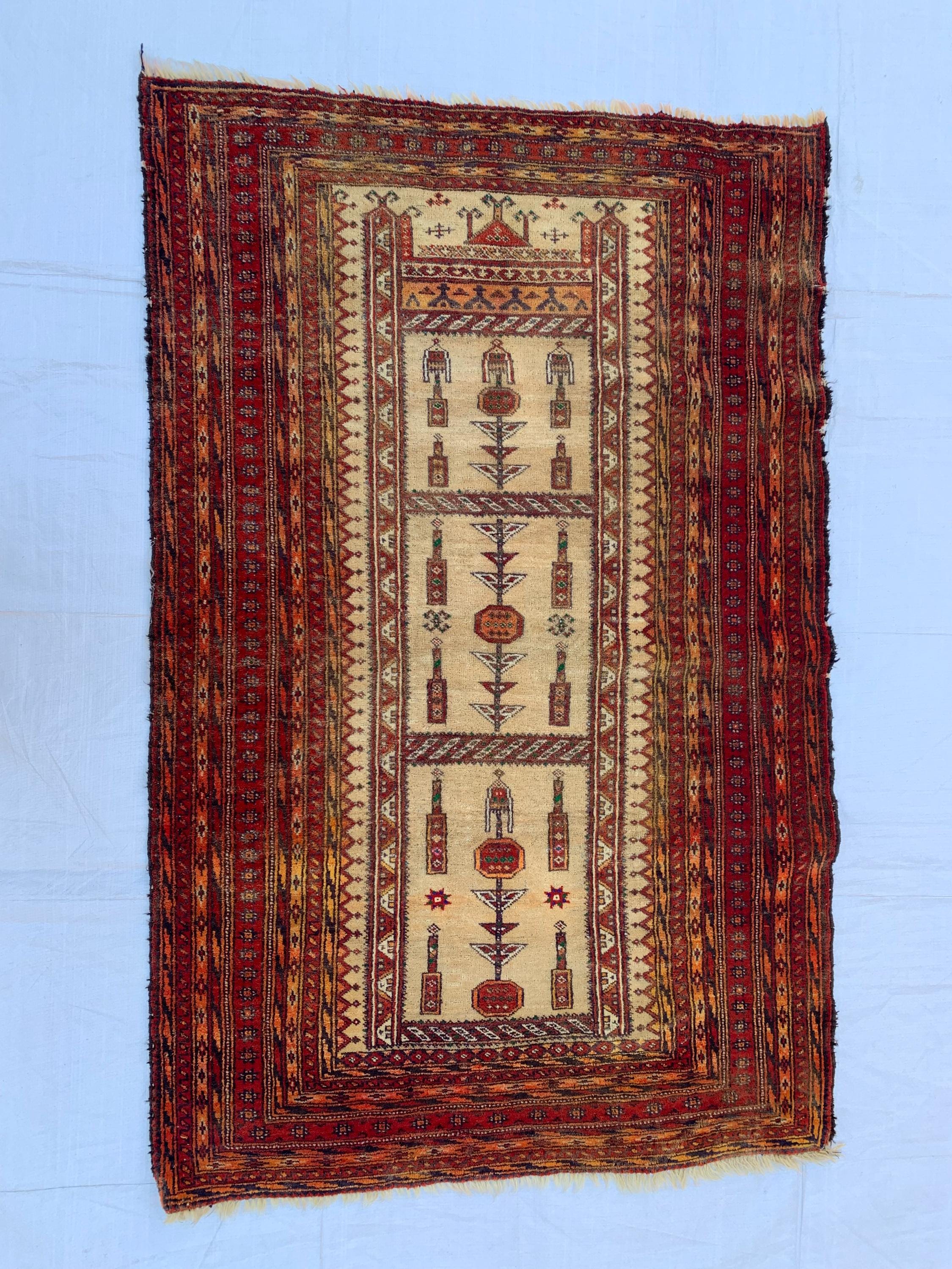 3x4 Vintage Afghan War Rug–Handmade Wool Tribal Carpet with Intricate Symbolic Patterns in Beige and Deep Red, Collectible Rug for Auction