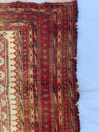 3x4 Vintage Afghan War Rug–Handmade Wool Tribal Carpet with Intricate Symbolic Patterns in Beige and Deep Red, Collectible Rug for Auction